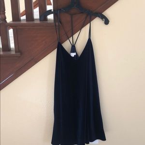 Blue velvet dress with leather straps